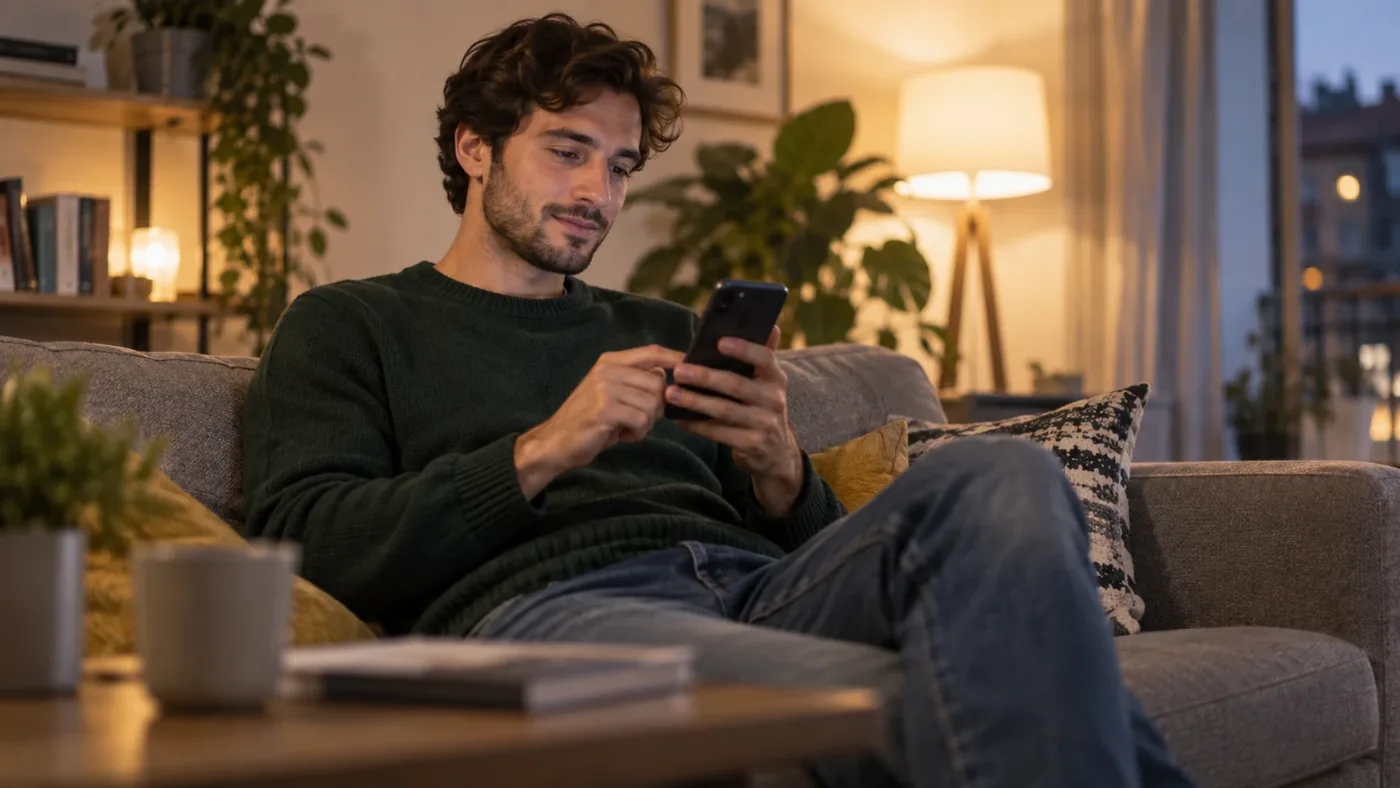 Una persona compila la richiesta con lo smartphone dal divano di casa