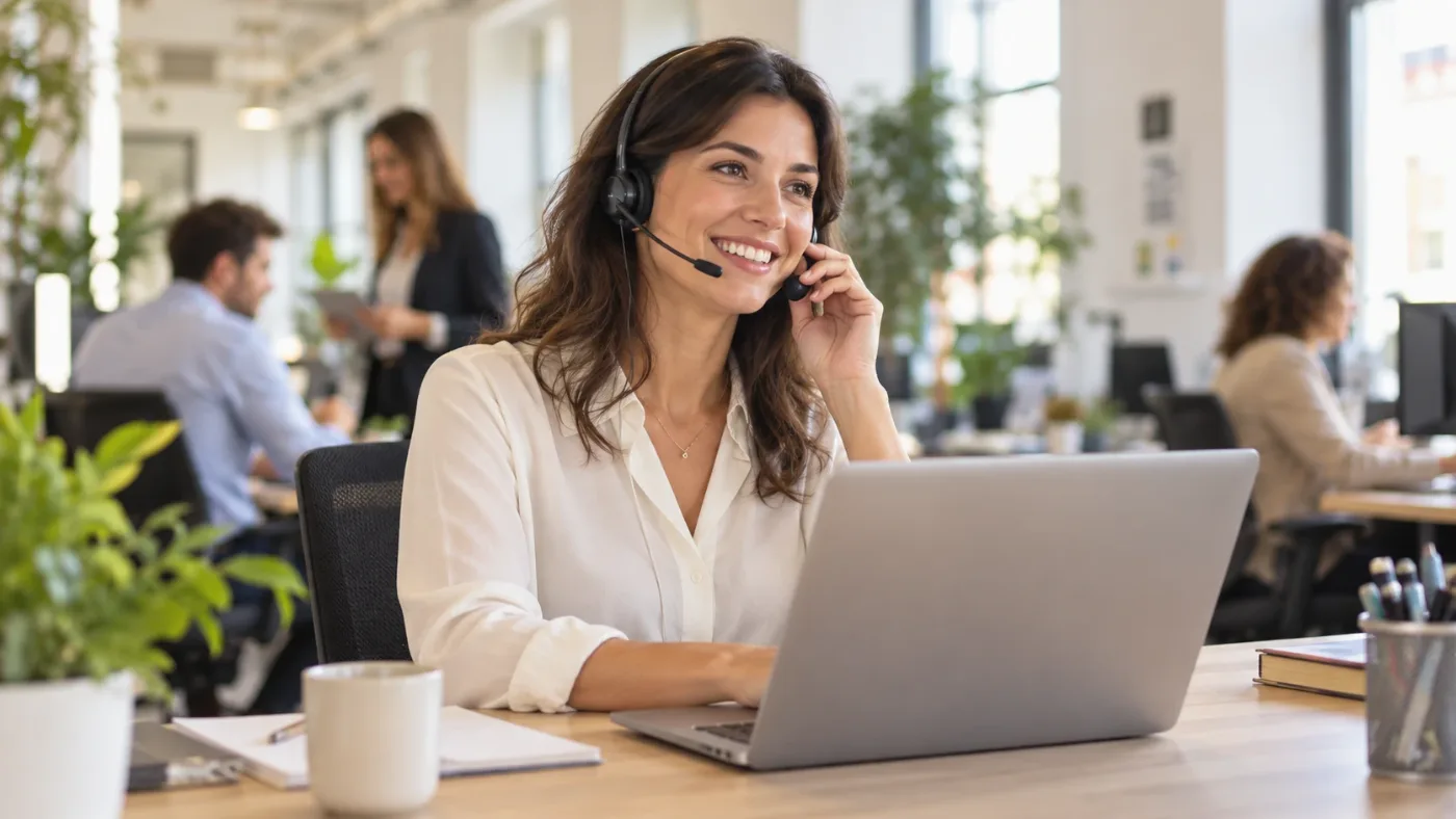Immagine illustrativa: un’operatrice risponde al telefono in un ufficio luminoso