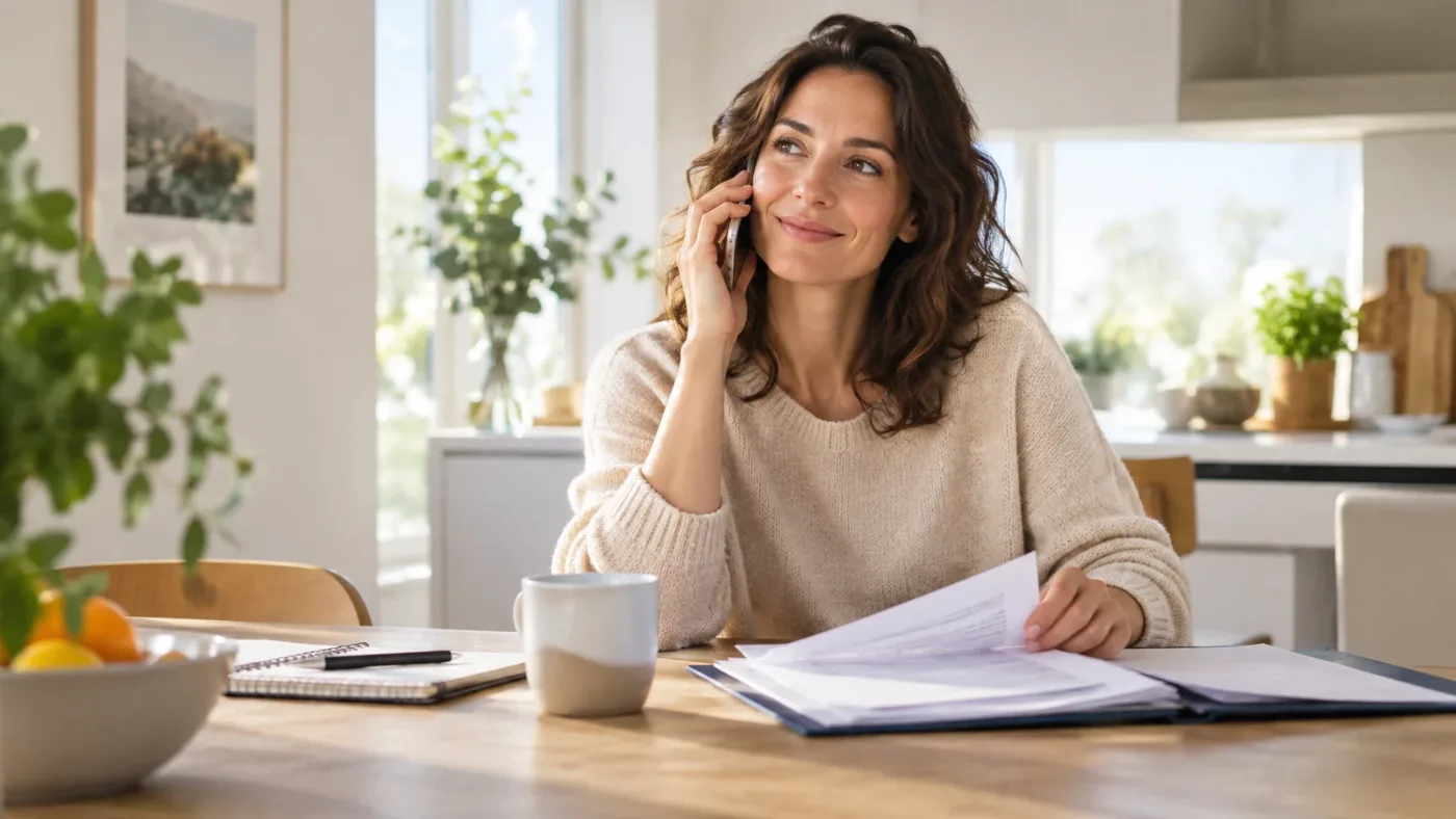 Una donna al telefono con i documenti davanti, al tavolo della cucina