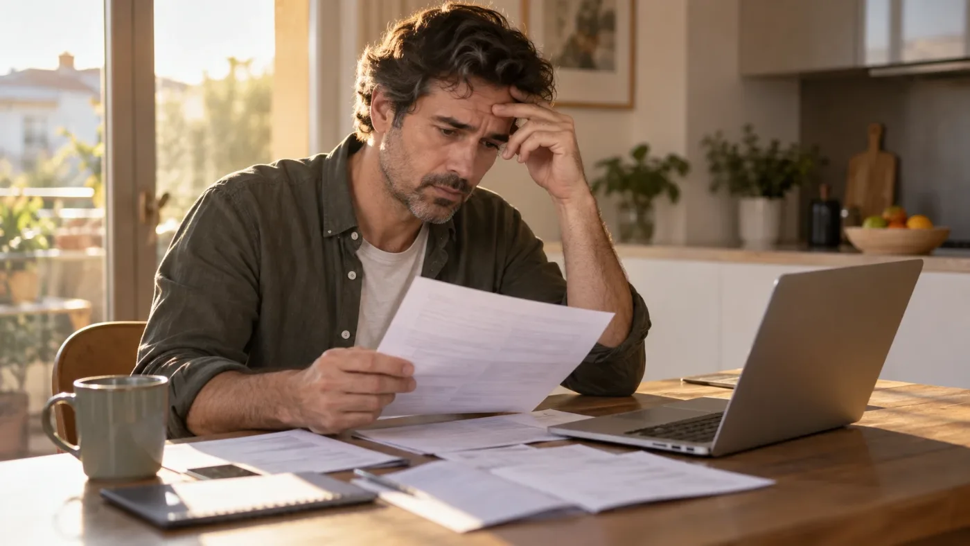 Un uomo preoccupato legge una lettera dell’assicurazione al tavolo di casa
