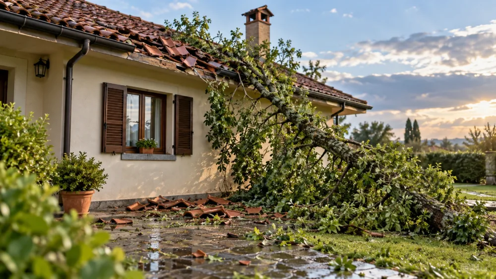 Una casa dopo un temporale, con tegole cadute e un grosso ramo appoggiato al muro