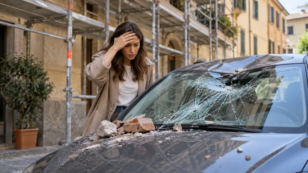 Un’auto con il parabrezza rotto e detriti sul cofano sotto un’impalcatura