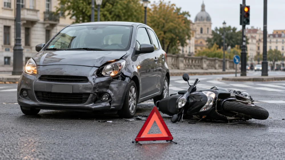 Un’auto con il paraurti danneggiato e uno scooter a terra dopo un incidente in città