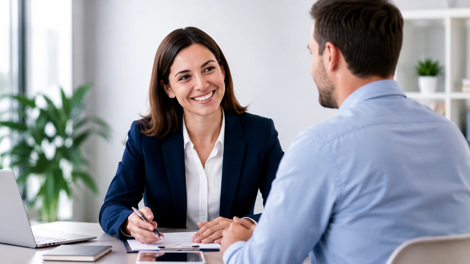 Un colloquio in ufficio: una consulente ascolta un cliente e prende appunti